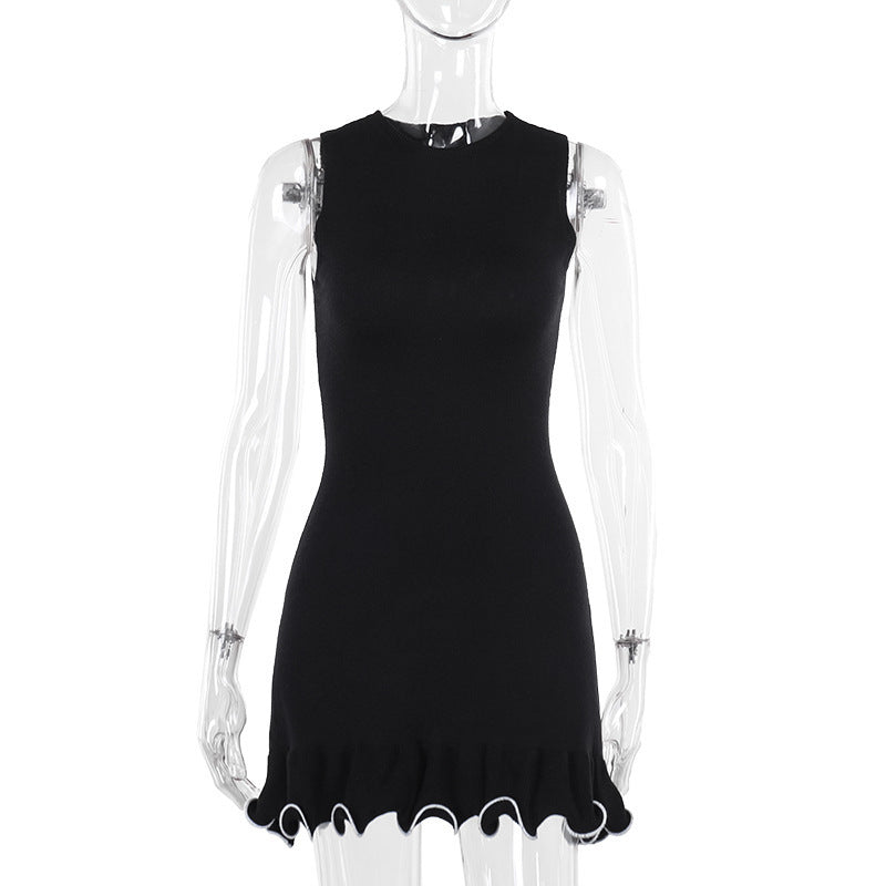 Spring Women's Solid Color Round Neck Sleeveless Ruffled Slim Dress 9