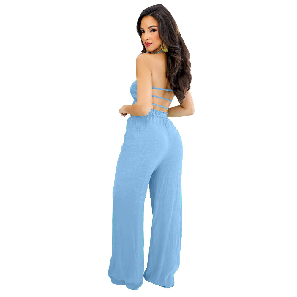 Lace-Up Trendy Wrapped Bust Sexy Low Back Elastic Waist Loose Straight Jumpsuit 8