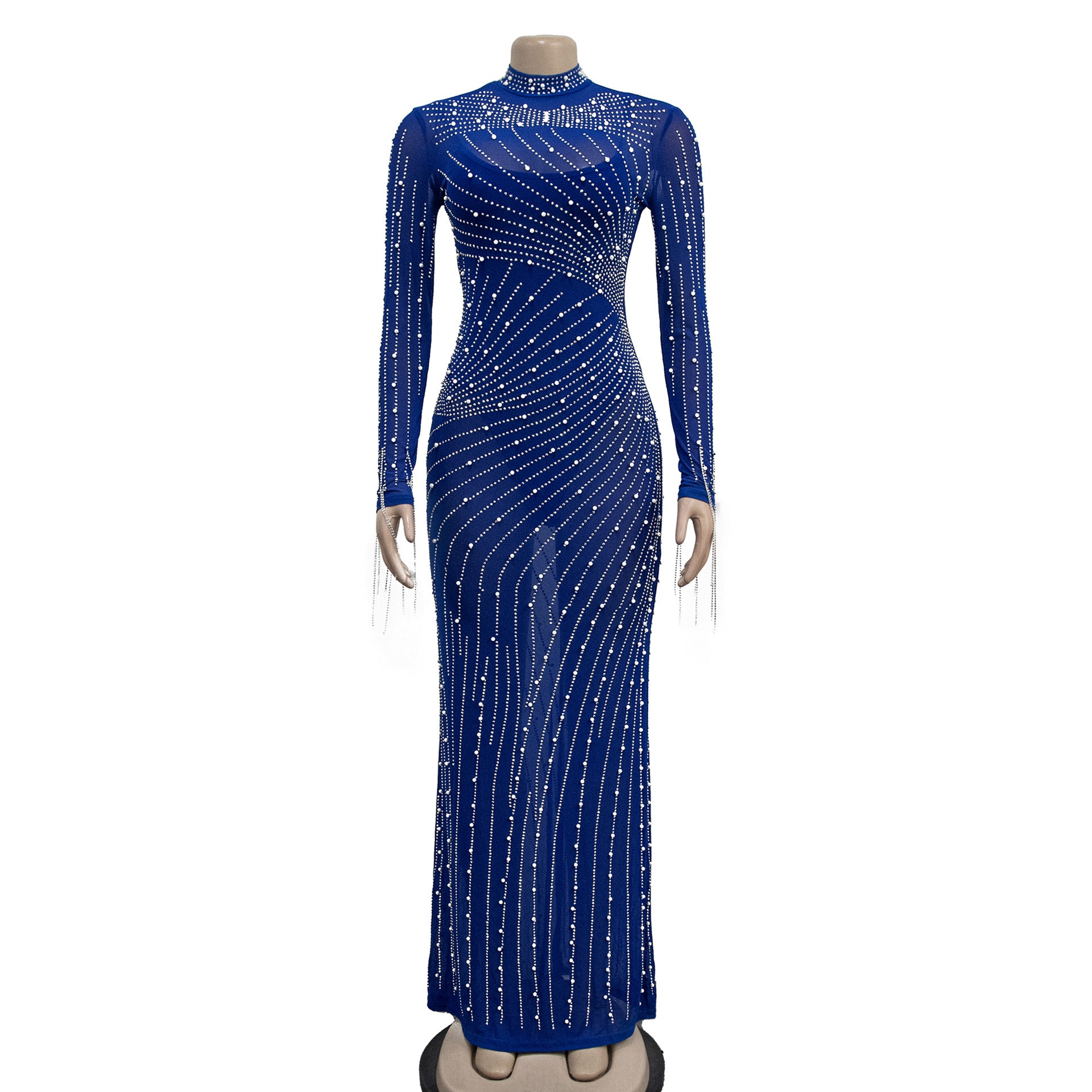 Women Mesh See-Through Beaded Long Sleeve Maxi Dress Set 19