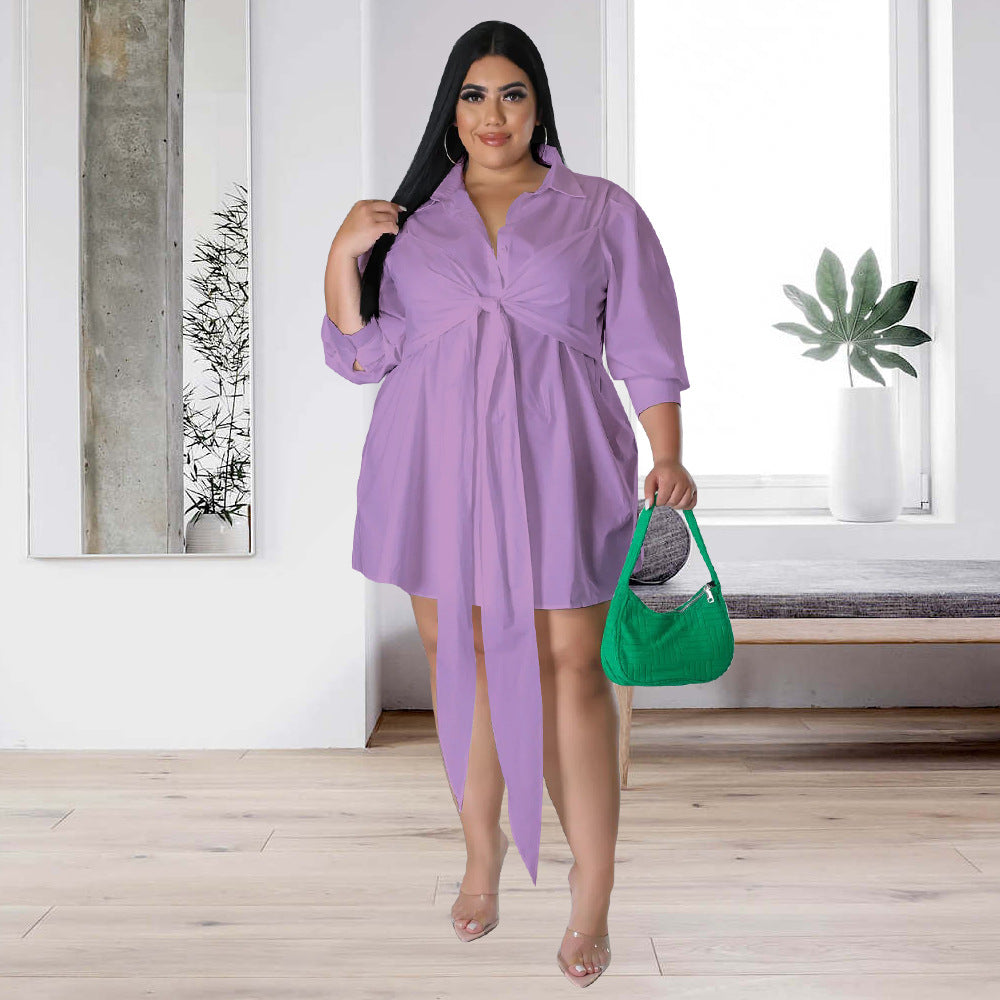 Plus Size Women Sexy Solid Tie Long Sleeve Shirt Dress 9
