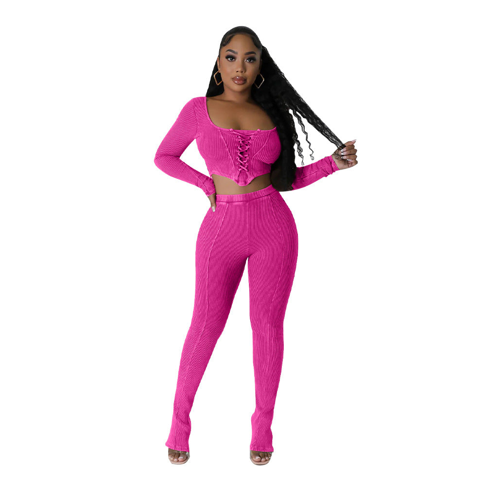 Women's Square Neck Long Sleeve Lace Up Top Sexy Tight Fitting Pencil Pants Fashion Two Piece Set 11