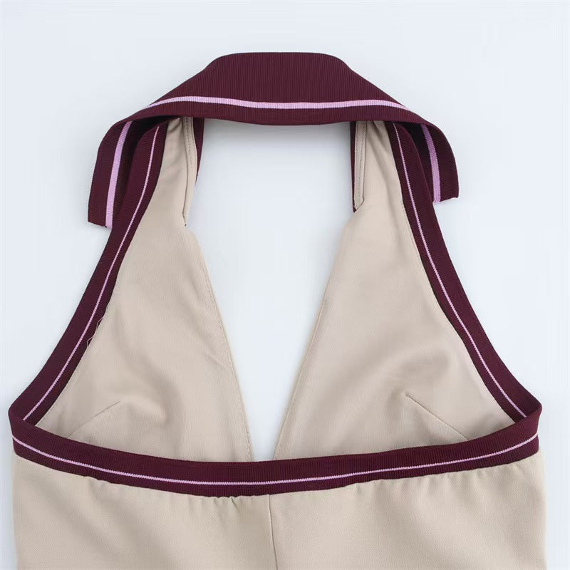 Women Ribbed Patchwork Halter Neck Backless Dress 8