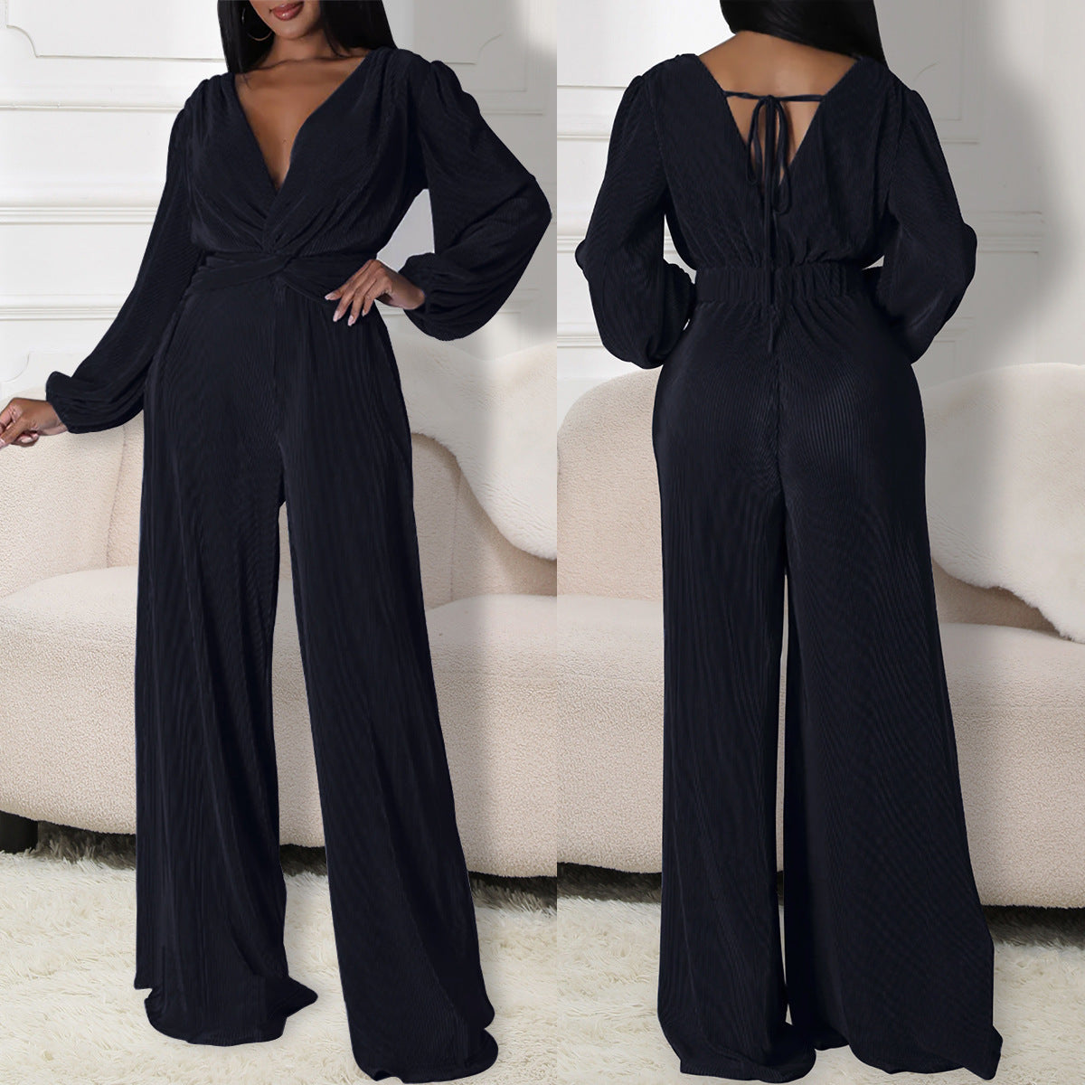 Spring And Autumn Women's Long Sleeve V-Neck Slim Waist Casual Jumpsuit 3