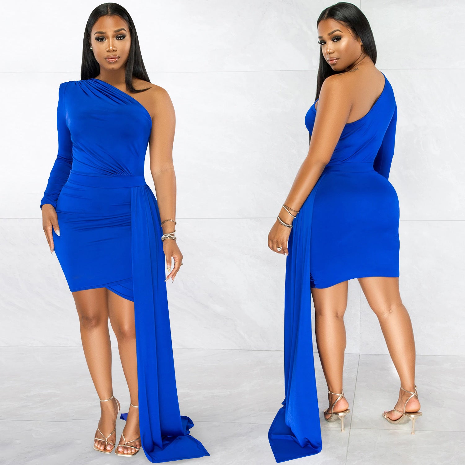 Women Fashion Solid Color Single Sleeve Casual Slash Shoulder Dress 4