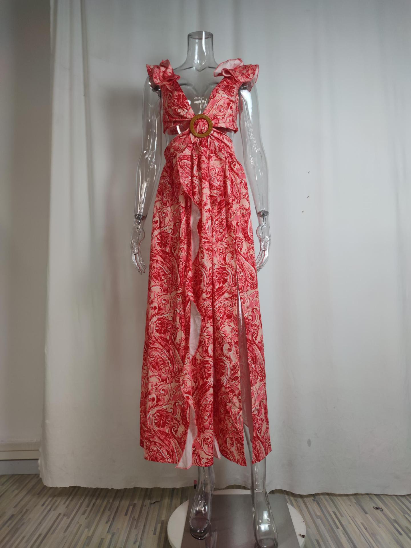 Women's Fashion Sexy V-Neck Printed Slit Long Dress 5