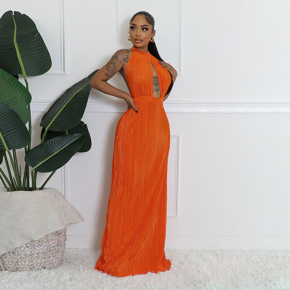 Women's Sexy Solid Color Halter Low Back Pleated Dress 5