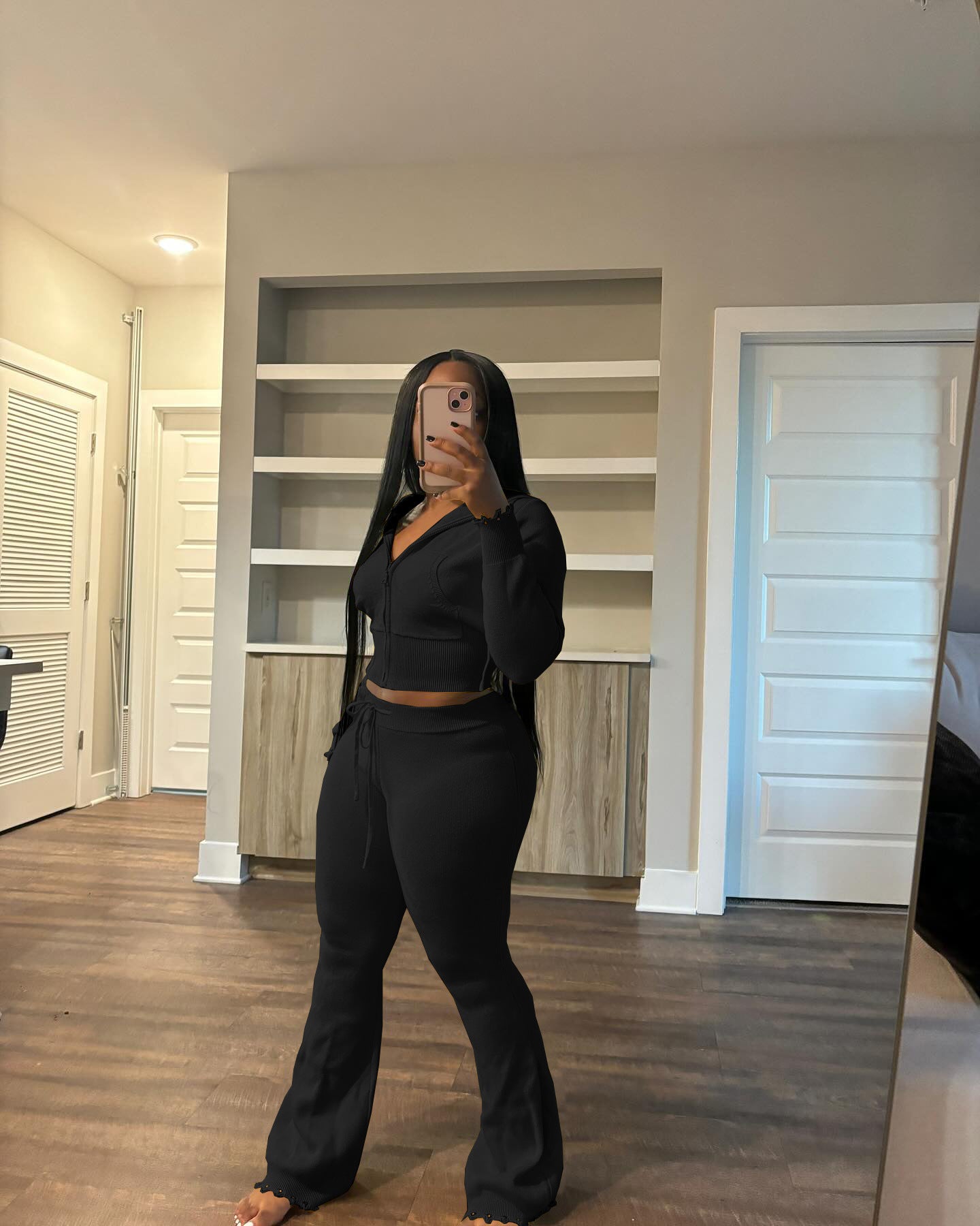 Autumn And Winter Women's Zipper Hooded Sweater Knitting Pants Fashion Casual Sports Two Piece Set 4