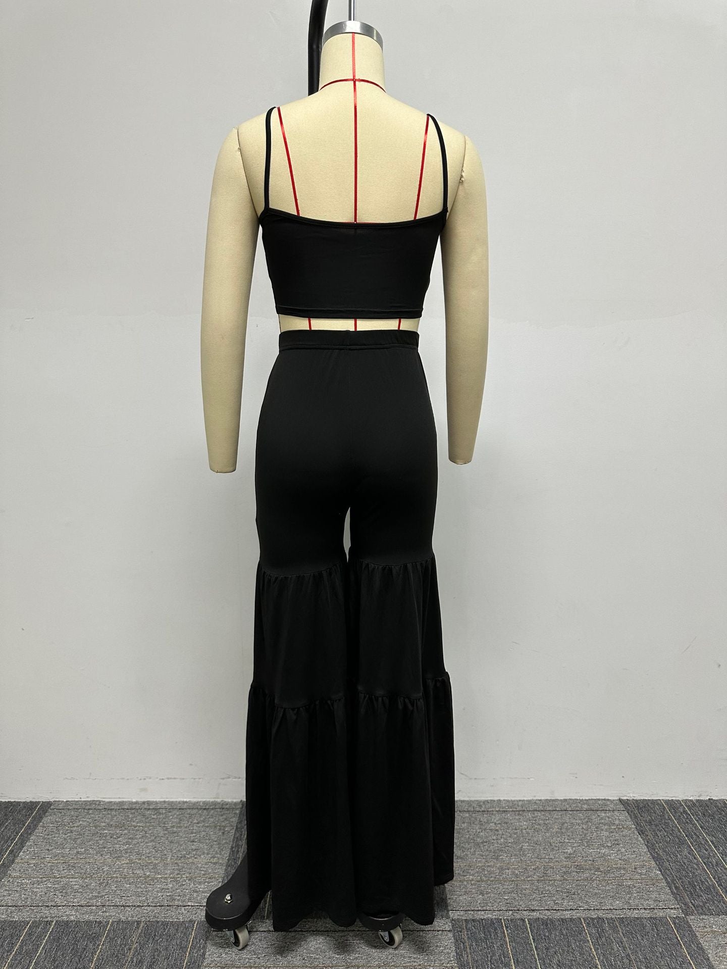 Sexy Slim Fit Solid Color Straps Tank Top Stretch Bell Bottom Pants Two-Piece Set 11