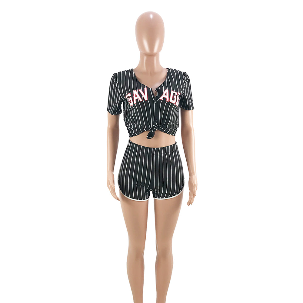 Women Sexy Women Striped Letter Baseball Top and Skirt Two-piece Set 7