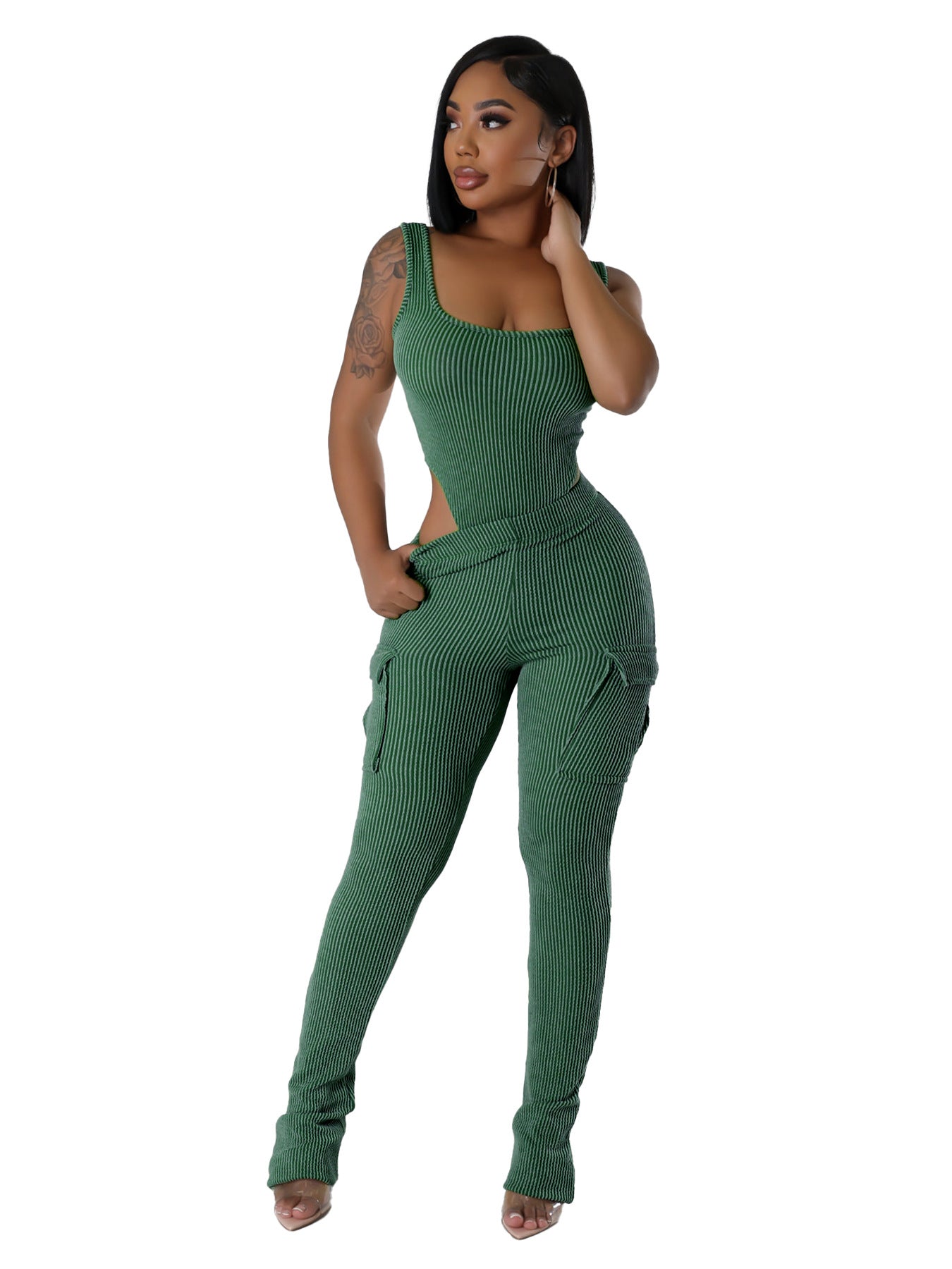 Women Casual Elastic Bodysuit and Pants Two-piece Set 9