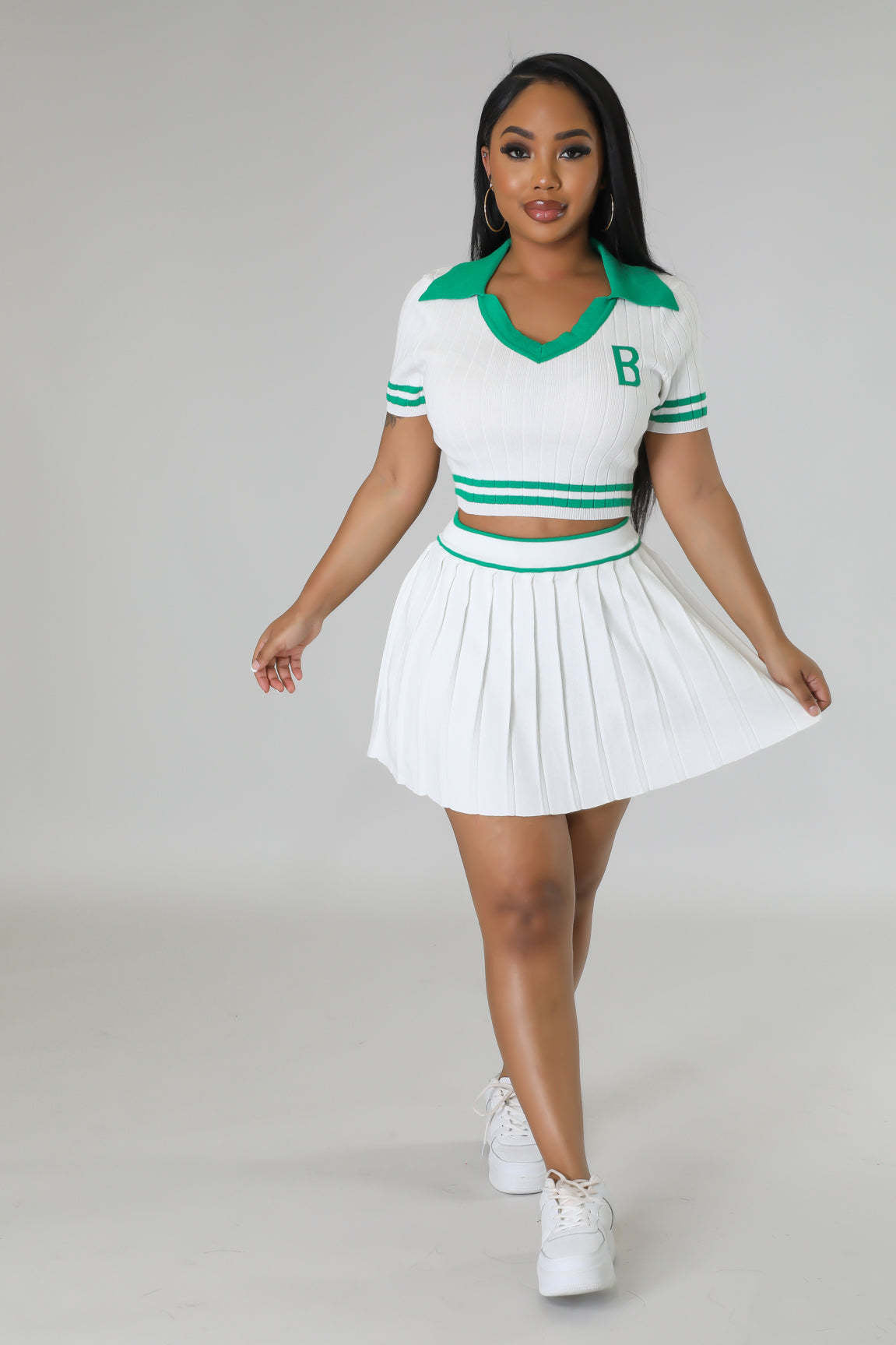 Women's Knitting Sports Pleated Skirt Cropped Short Sleeve Top Two Piece Set 5