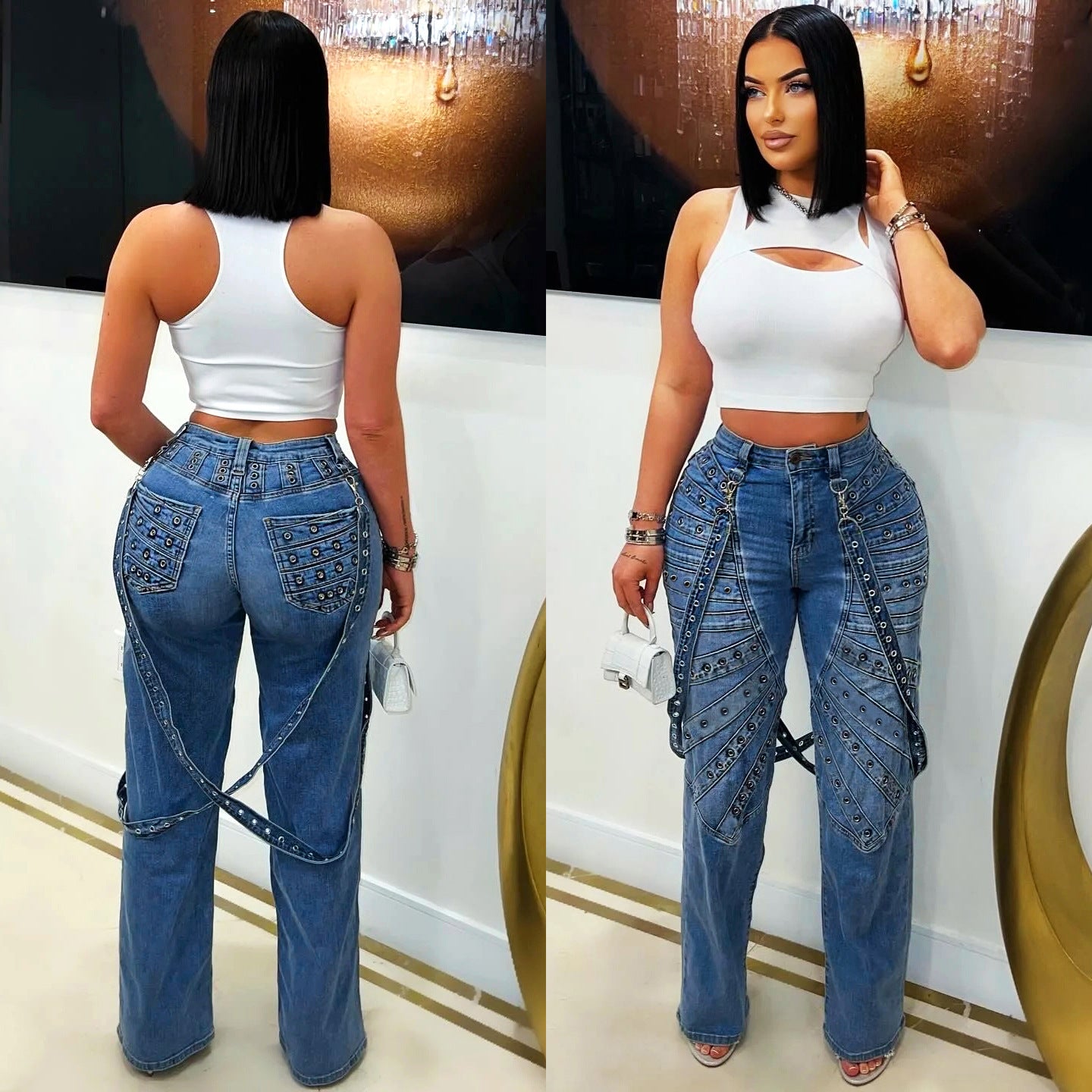 Women's Fashion High Waist Denim Pants Metal Studs Casual Trousers 3