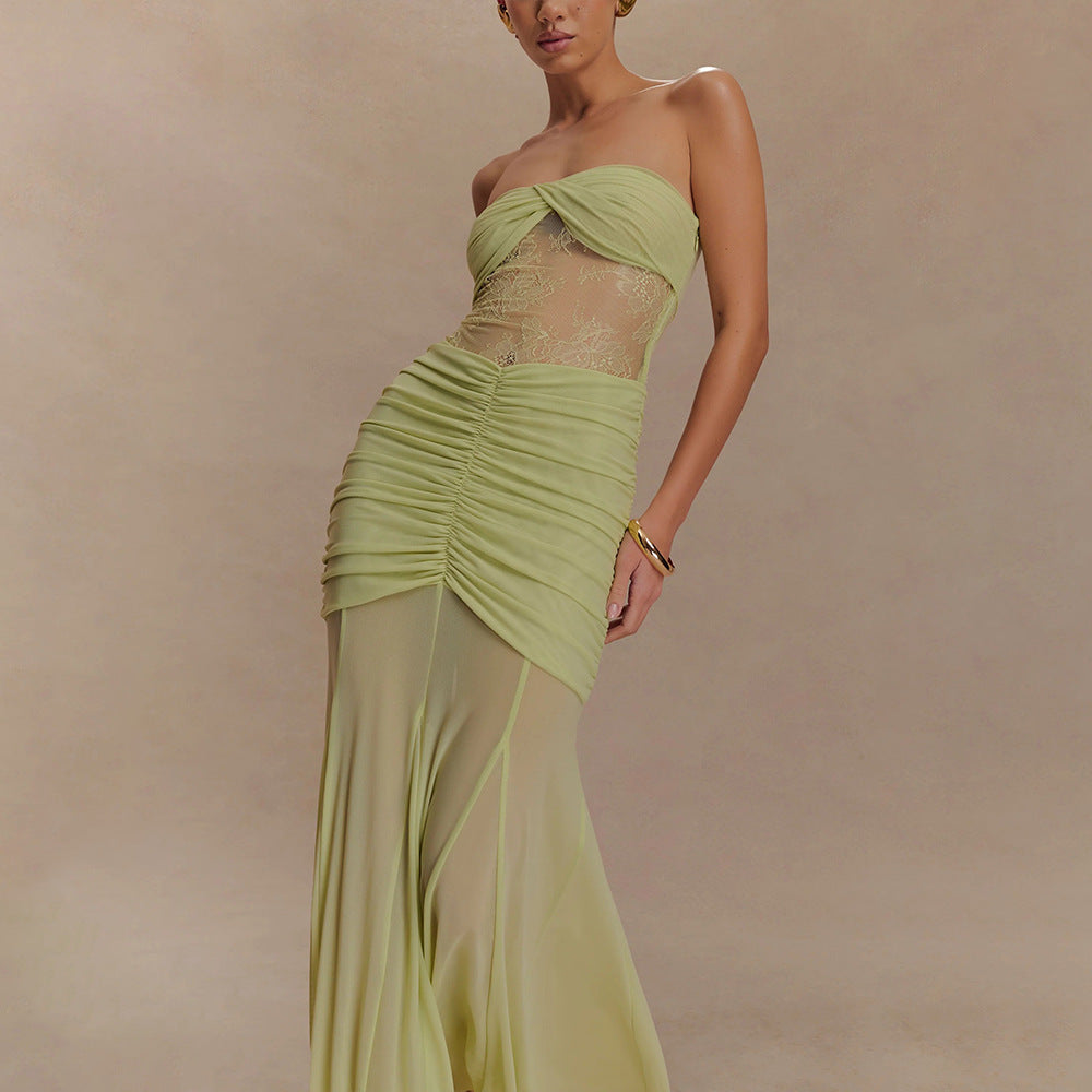 Women Summer Sleeveless Strapless Sexy Pleated Hollow Maxi Dress 6