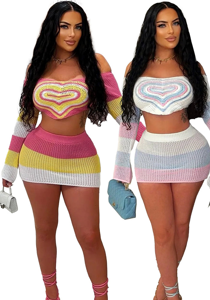 Women Hollow Knitting Top and Skirt Two-piece Set