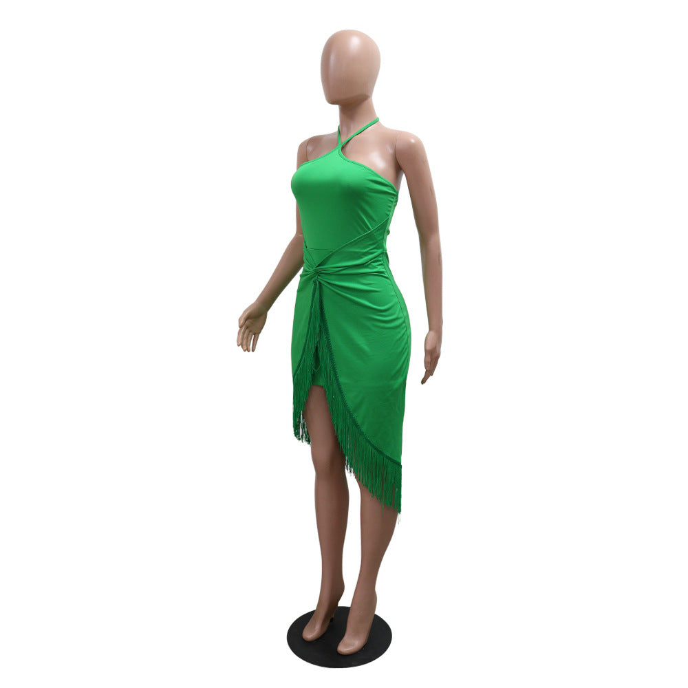 Women's Summer Sleeveless Halter neck Tassel Long Irregular Dress 9