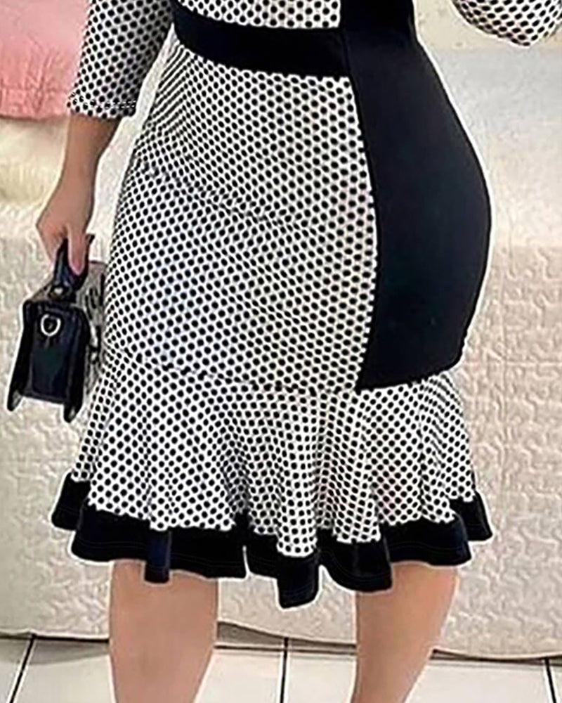 Women Polka Dot Print Contrast Color Ruffle Dress 3