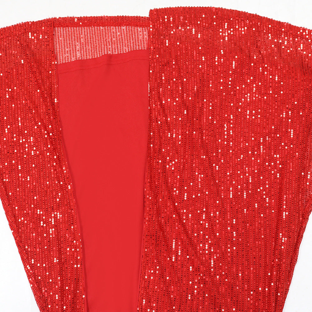 Fashionable Round Neck Mesh sequined long-sleeved top high slit skirt two-piece set for women 22