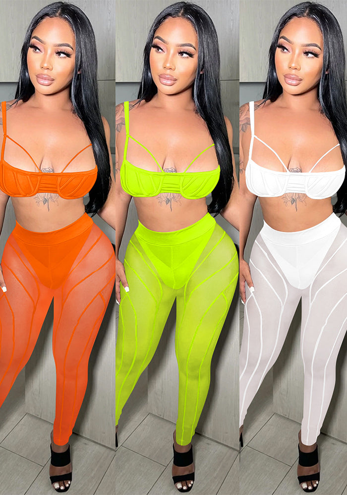Women sexy bra strap zipper mesh See-Through trousers two-piece set
