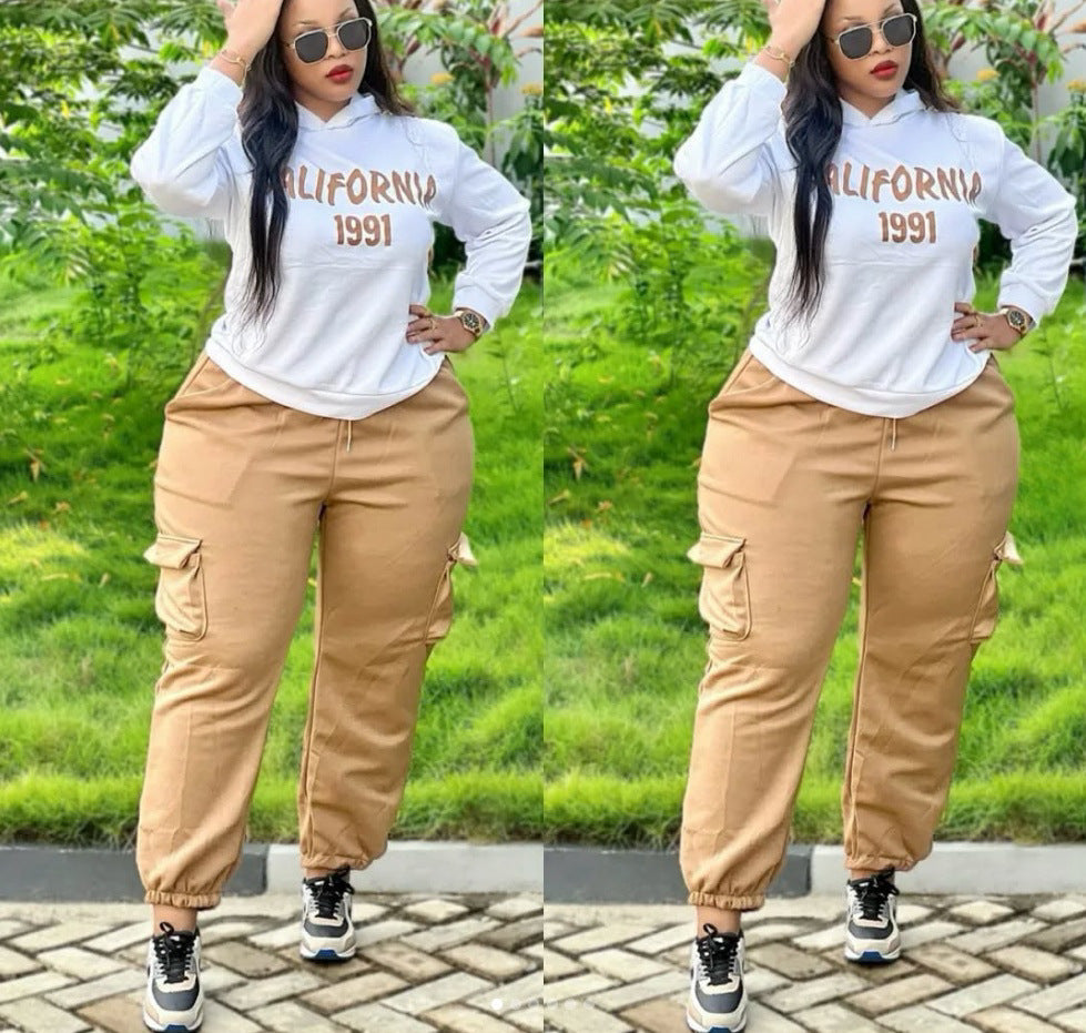 Women Casual Printed Hoodies and Cargo Pants Two-piece Set 3