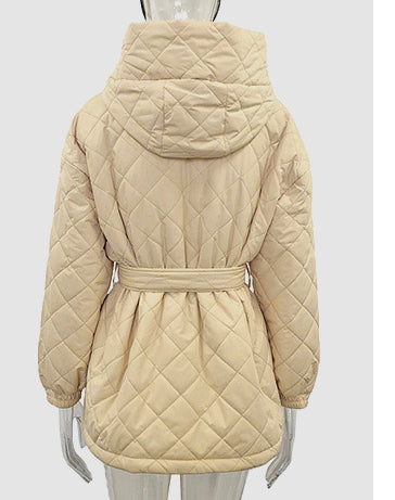 Women's Winter Clothes Slim Fit Lace-Up Turndown Collar Long Sleeve Long Style Hooded Cotton-Padded Jacket 18