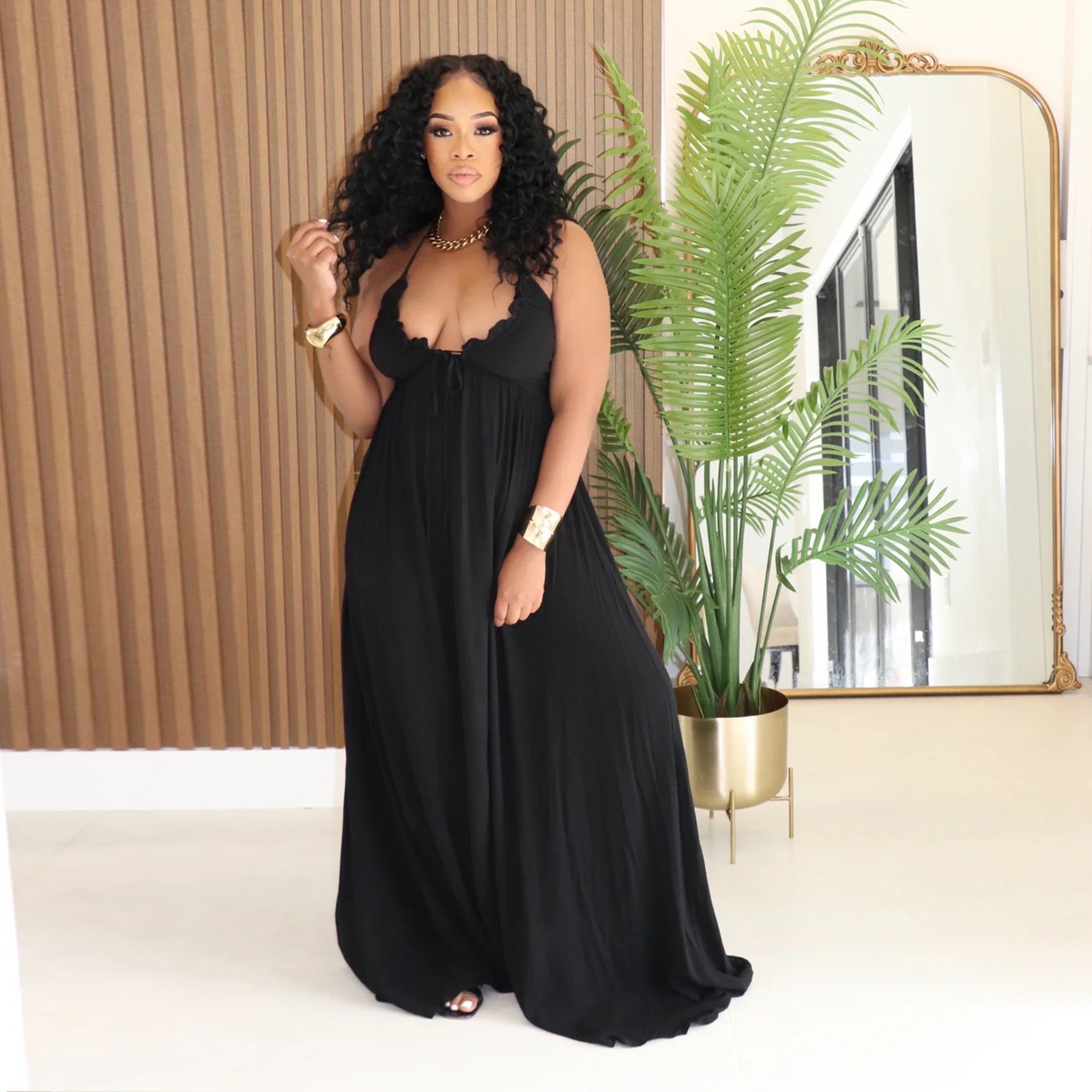 Women Casual Drawstring Lace V-Neck Solid Slip Dress