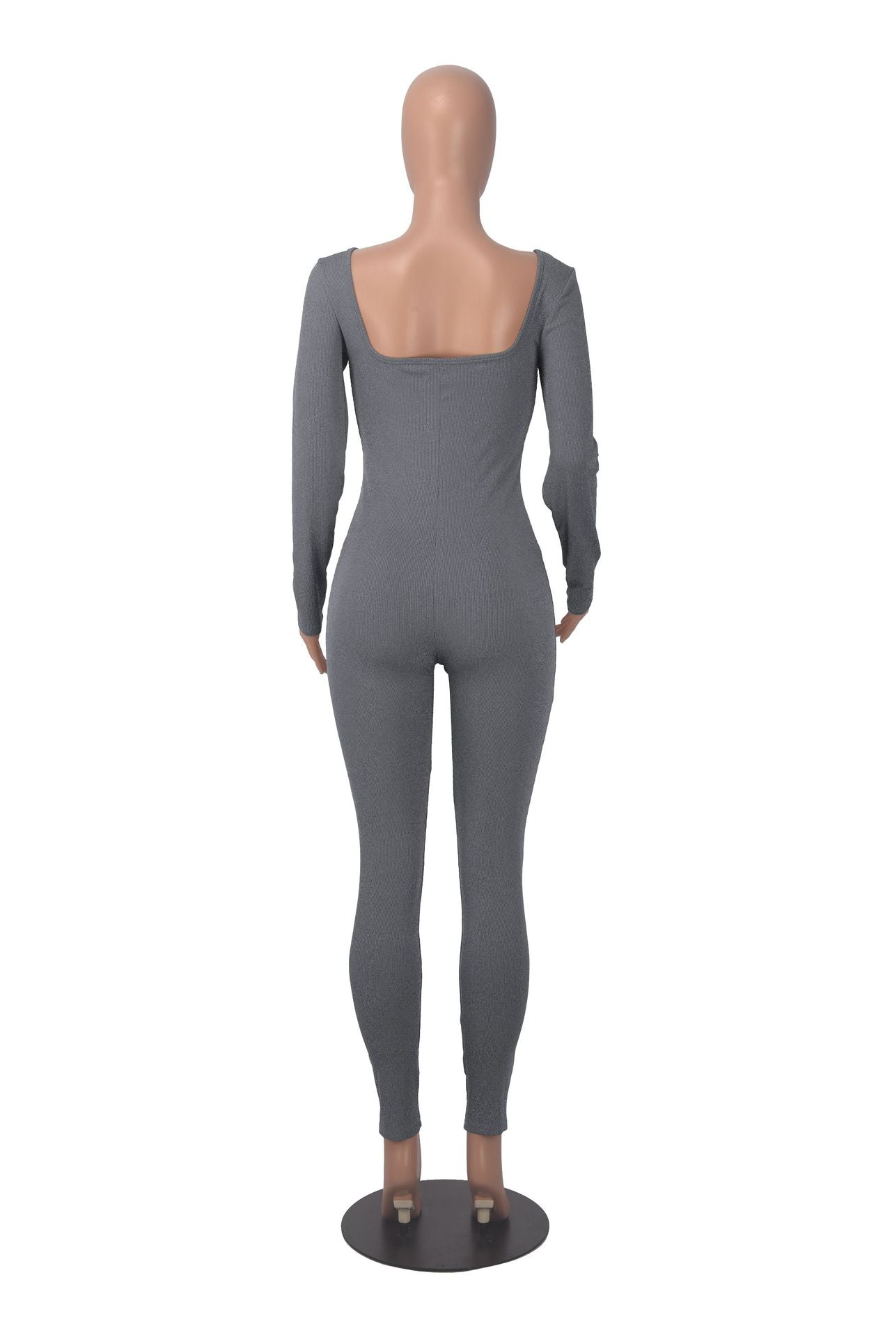 Women's Solid Color Long Sleeve Ribbed Square Neck Low Back Butt Lift Slim Athletic Jumpsuit 31
