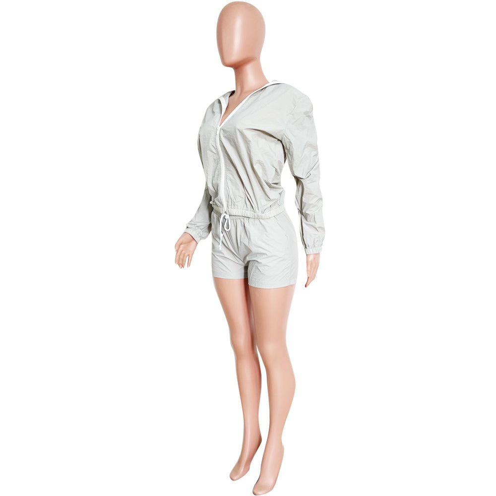 Women's Fashionable casual long sleeve sun protection Hooded Top and Shorts set 16