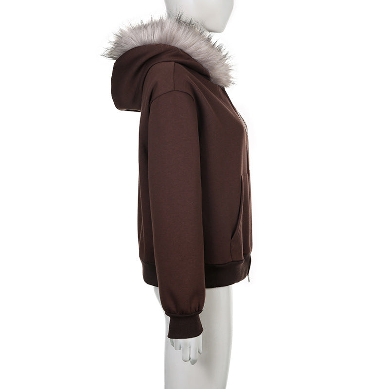 Winter Plush Hooded Badge Print Retro Jacket Loose Plus Size Casual Zipper Hoodies 11