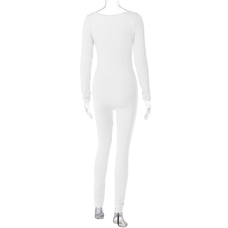 Women Winter Solid Square Neck Pleated Long Sleeve Jumpsuit 24