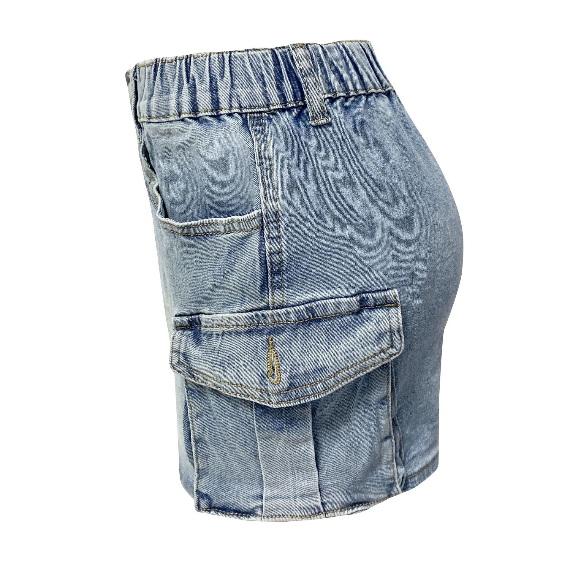 Women's Summer Retro Stretch Tight Fitting Cargo Pocket Denim Skirt 15