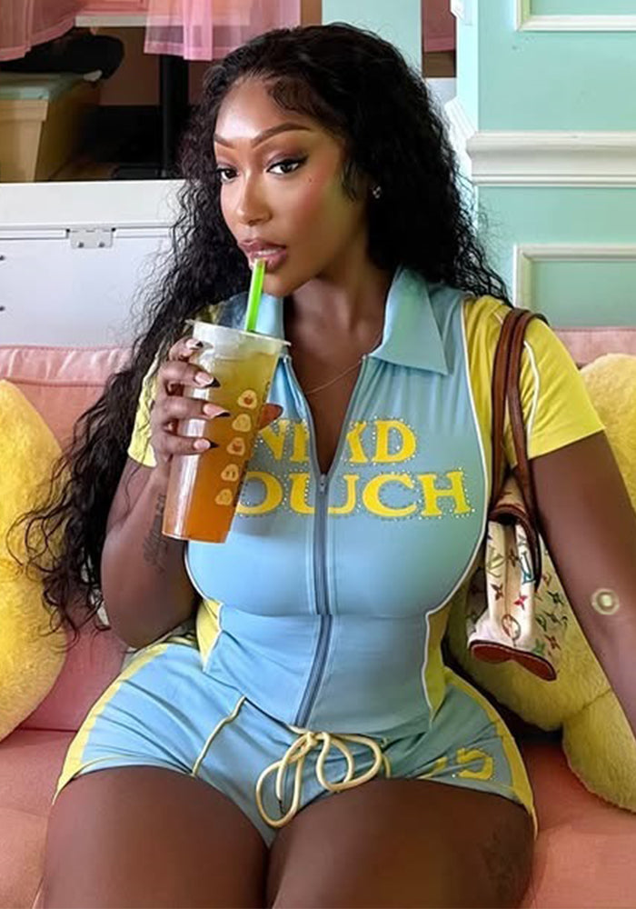 Women Summer Contrast Color Patchwork Letter Print Zipper Top and Shorts Two-Piece Set