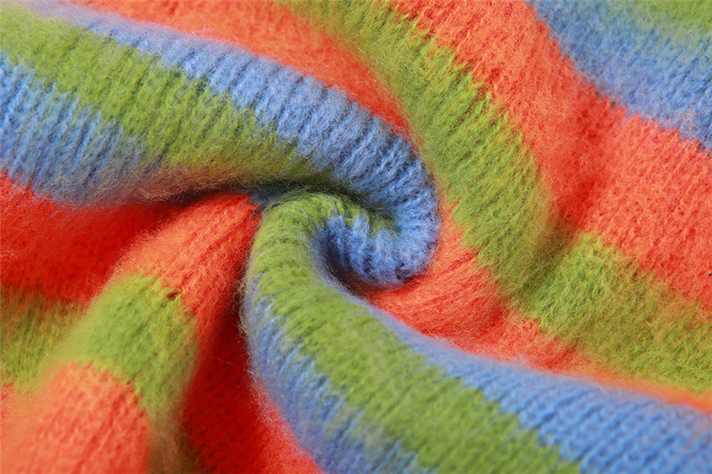 Autumn Women sexy knitting striped contrast top and slit skirt two-piece set 24