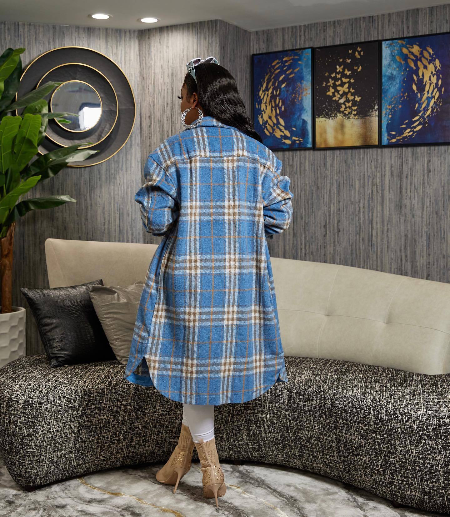 Women Casual Check Turndown Collar Jacket