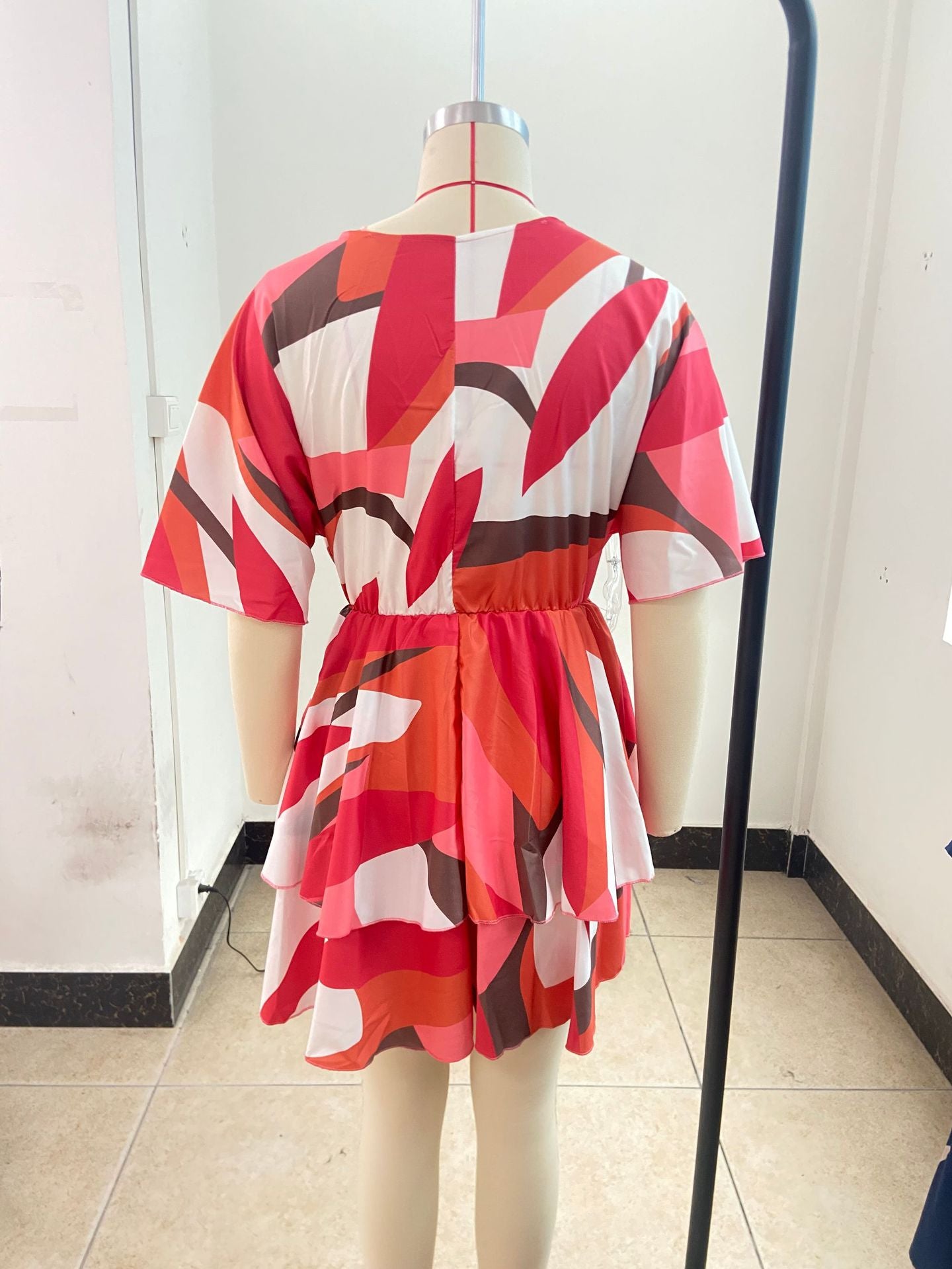 Autumn V-Neck Loose Bat Sleeves Print Dress Women's Clothing 30