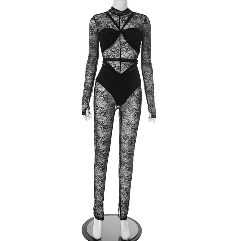 Women's Spring-Summer Lace See-Through Zipper Jumpsuit 6