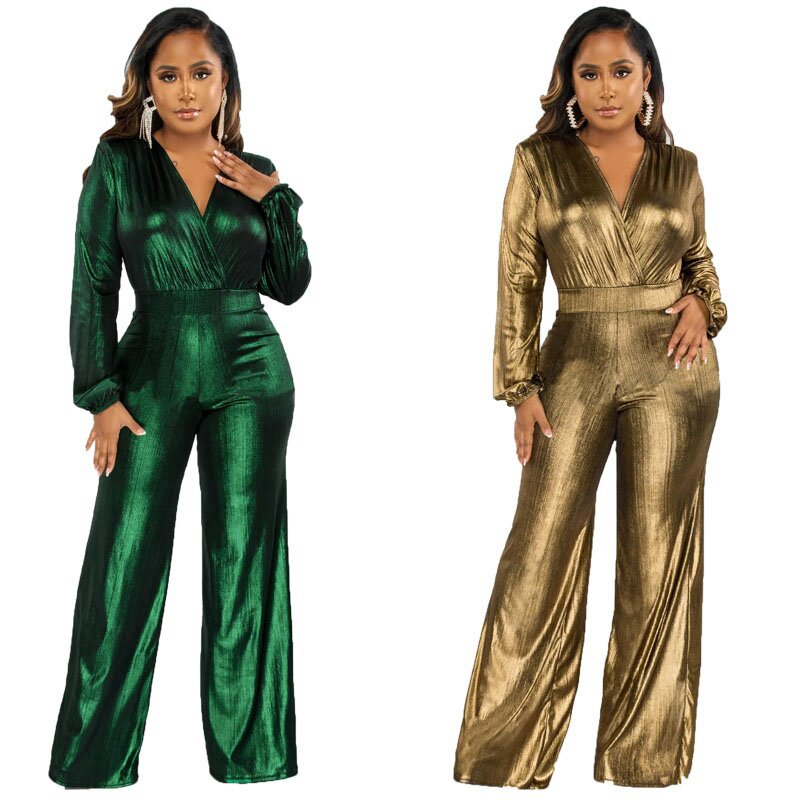 Sexy V Neck Shiny Long Sleeve Ladies Jumpsuit 23