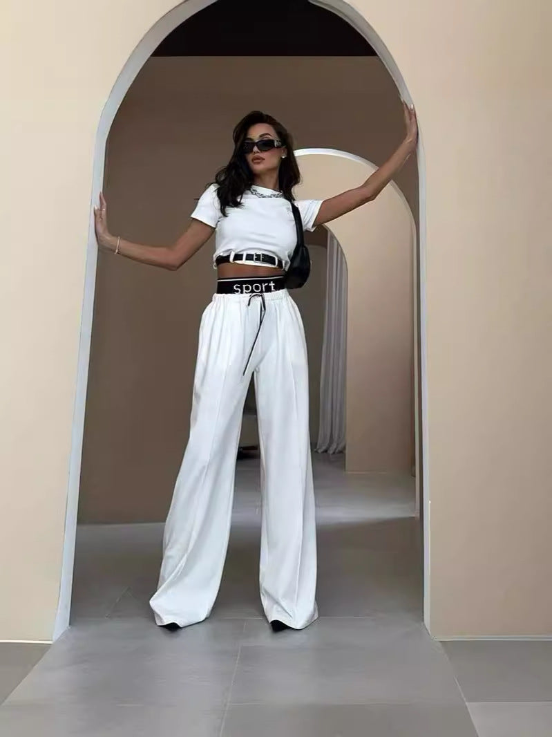 Fashion Short-Sleeved Women's Spring Crop Belt Decorative Top Wide Waist Sweatpants Two-Piece Set