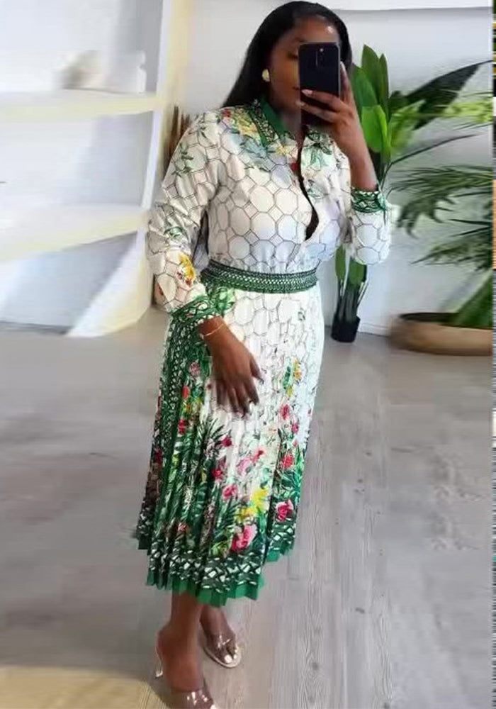 Fashion Women's Contrast Color Print Long Sleeved Shirt High Waist Pleated Skirt Two Piece Set