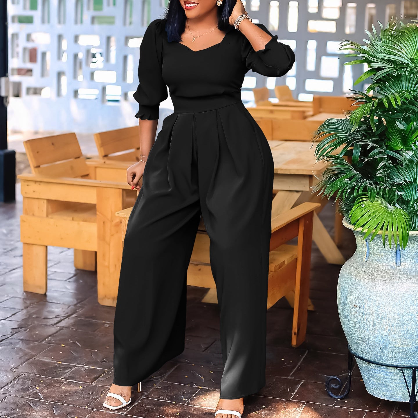 Plus Size African Women Long Sleeve Solid Loose Wide Leg Jumpsuit 12