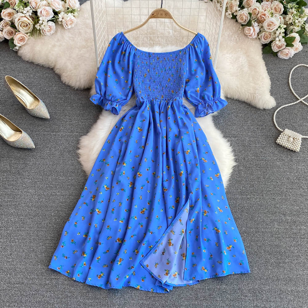 Women summer French square neck puff short sleeve slit dress 19