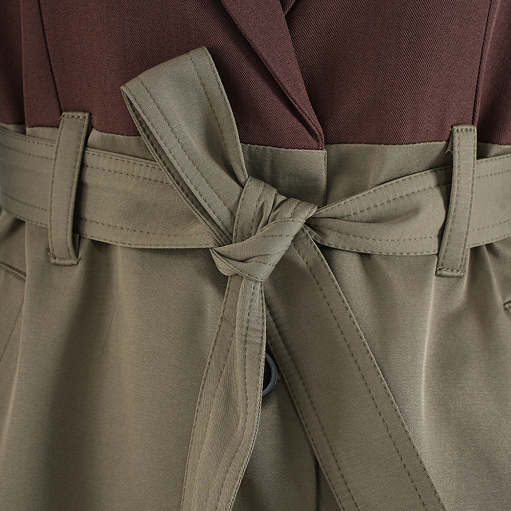 Women Fashion Contrast Patchwork Lace-Up Coat Windbreaker 8