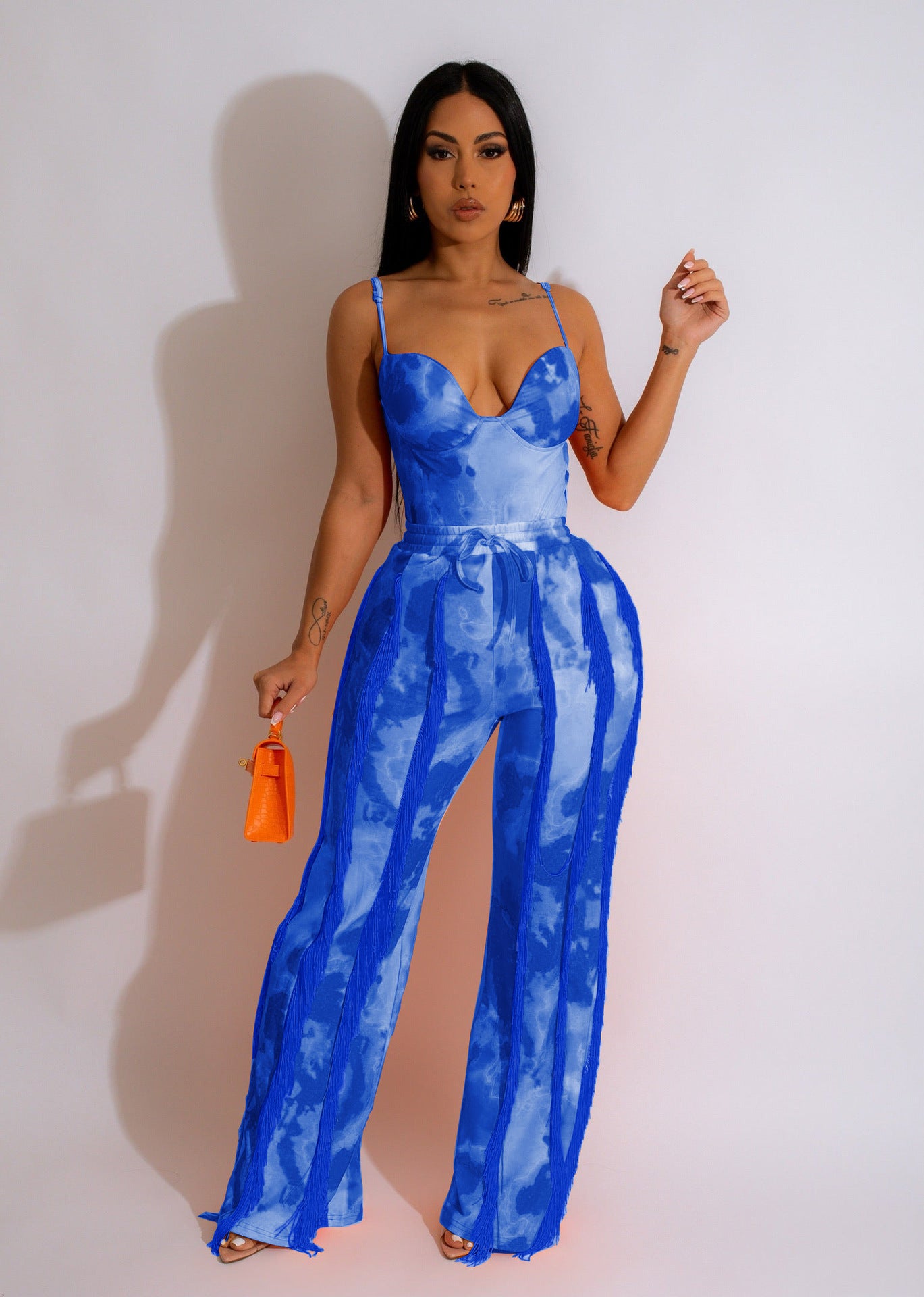 Women's Set Printed Fringed Lace Camisole Bodysuit + Pants Two-Piece 4