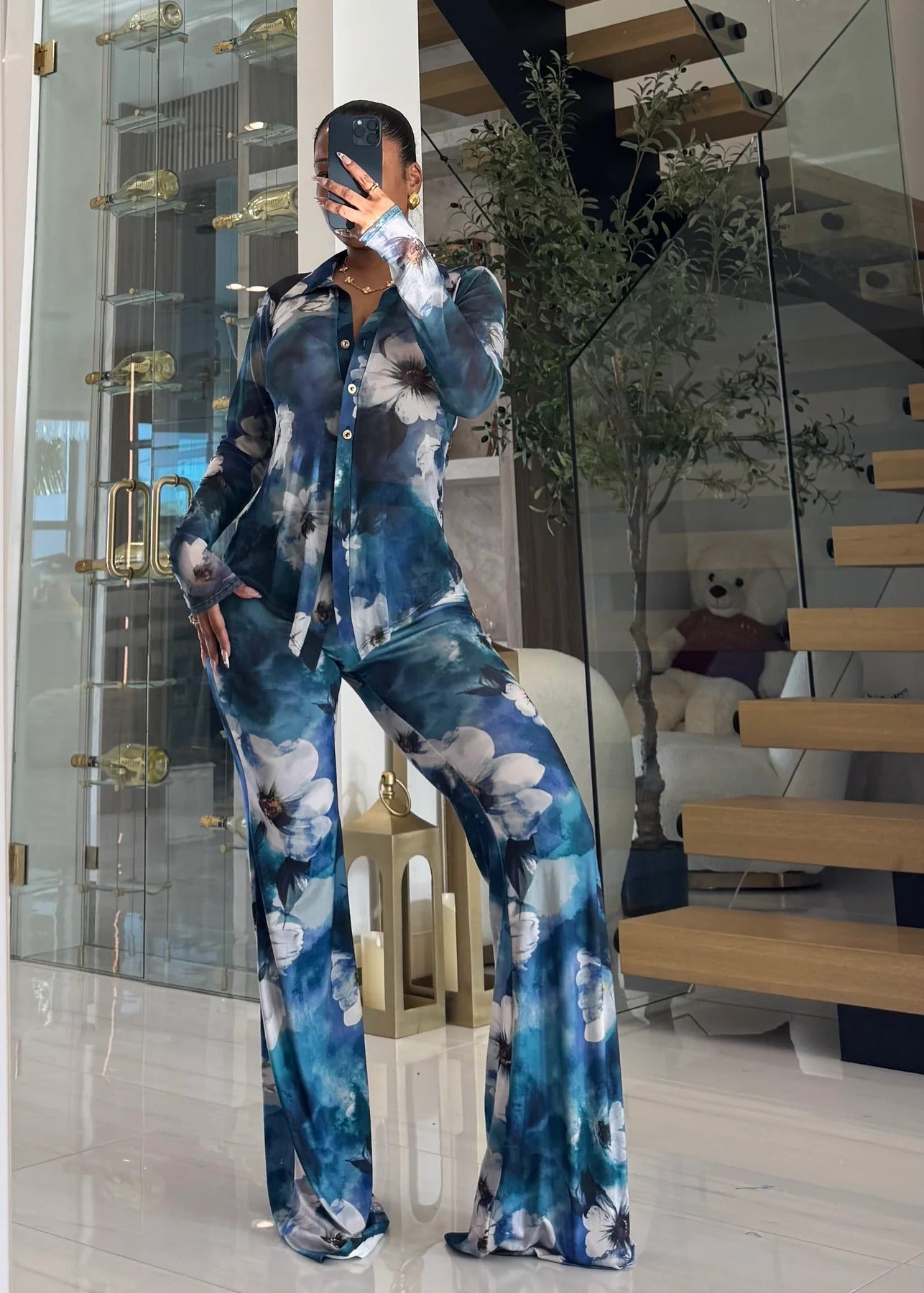 Women Printed Mesh Turndown Collar Long-Sleeved Button Top and Bell Bottom Pants Two-Piece Set 9