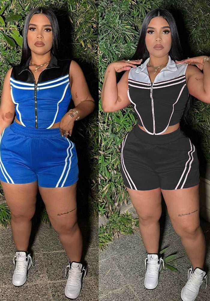 Women Career Casual Striped Patchwork Contrast Color Sleeveless Top and Shorts Sports Two-piece Set