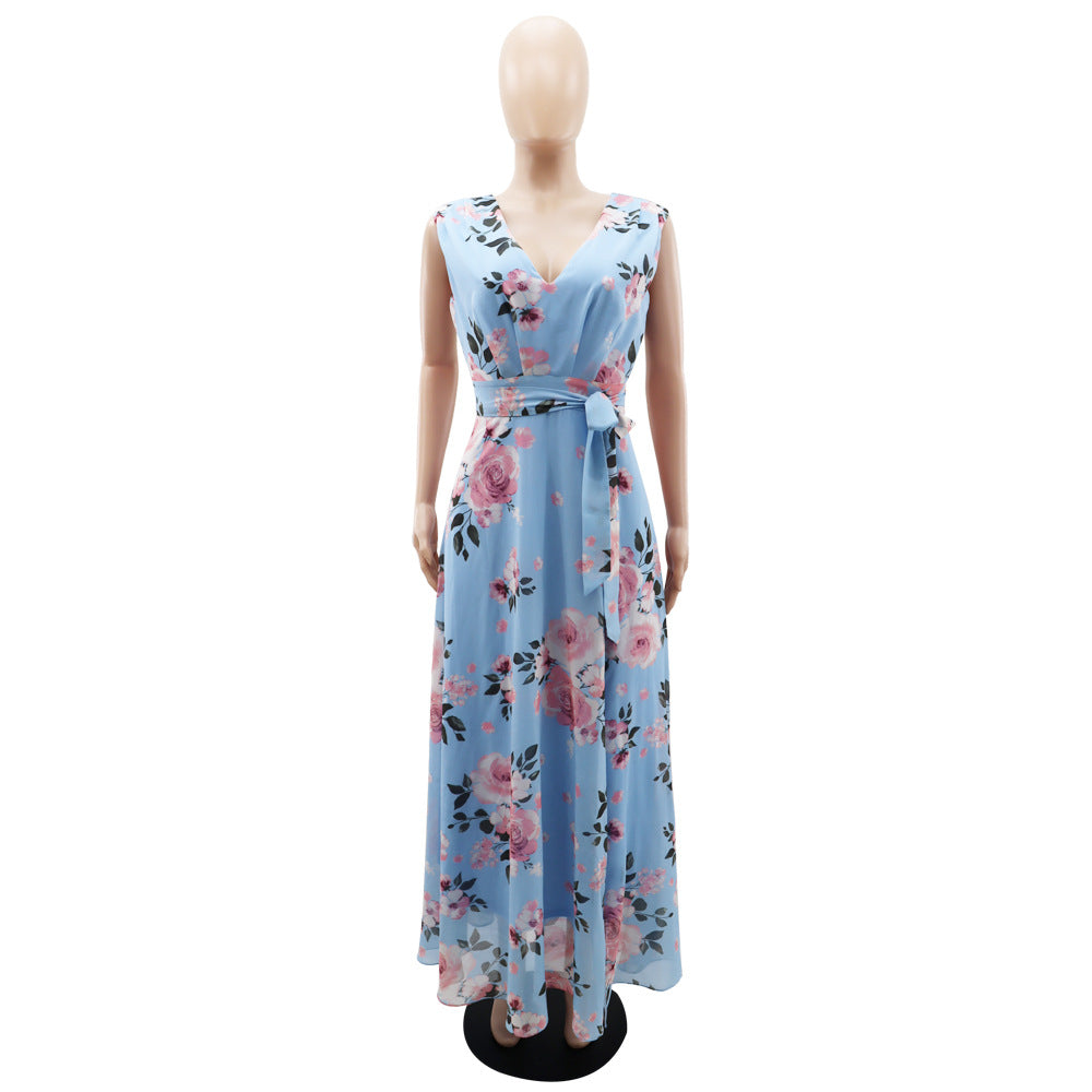 Women summer elegant chiffon sleeveless print slit dress 14
