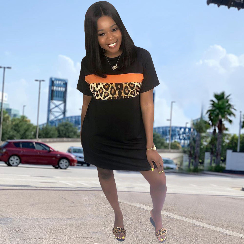 Women clothing spring and summer leopard color matching short-sleeved dress 5