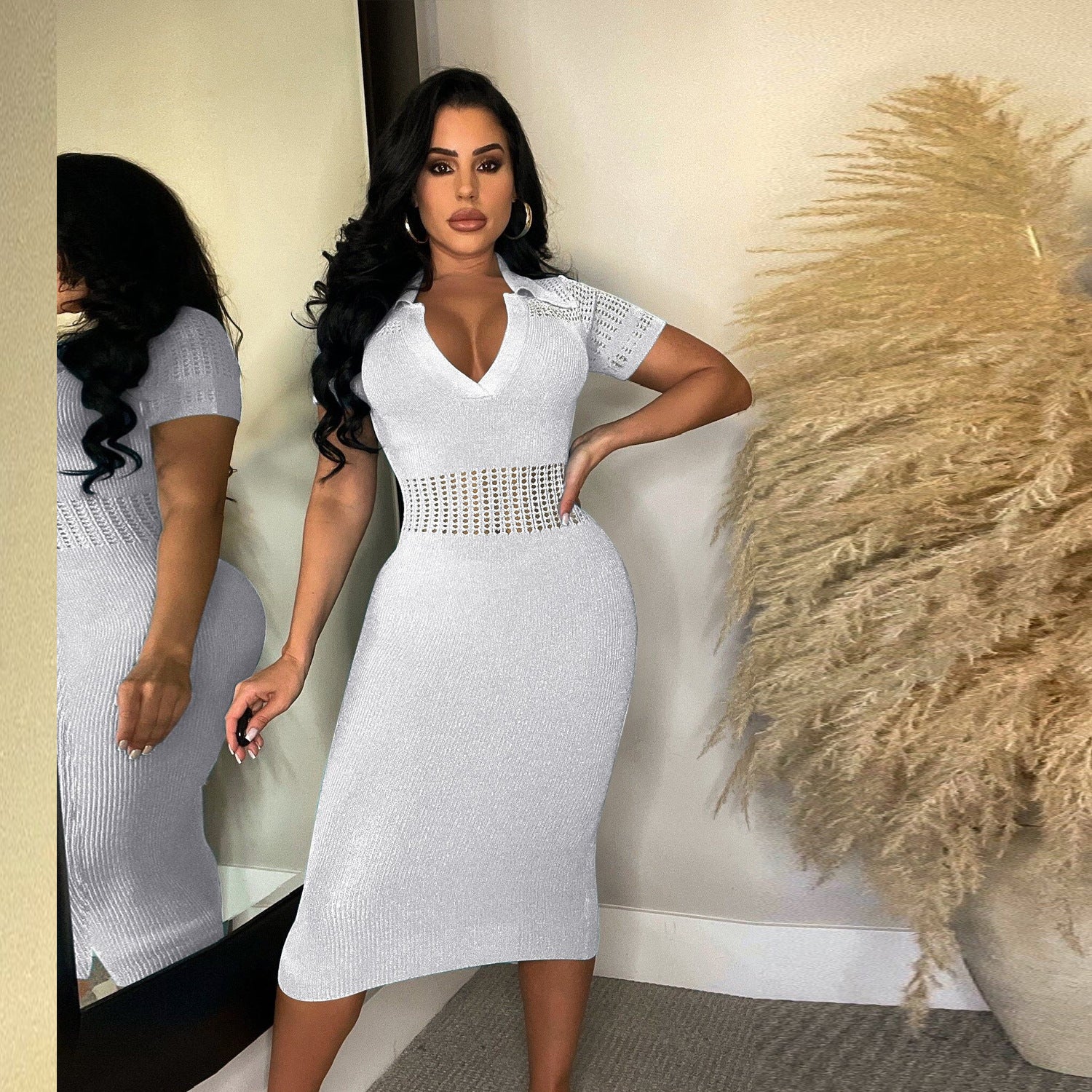 Women Sexy Ripped Turndown Collar Sweater Dress 4