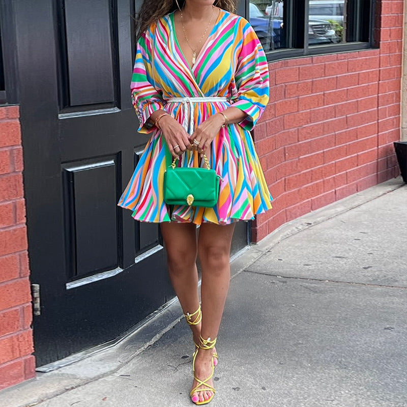 Women striped v-neck sexy belted dress 4