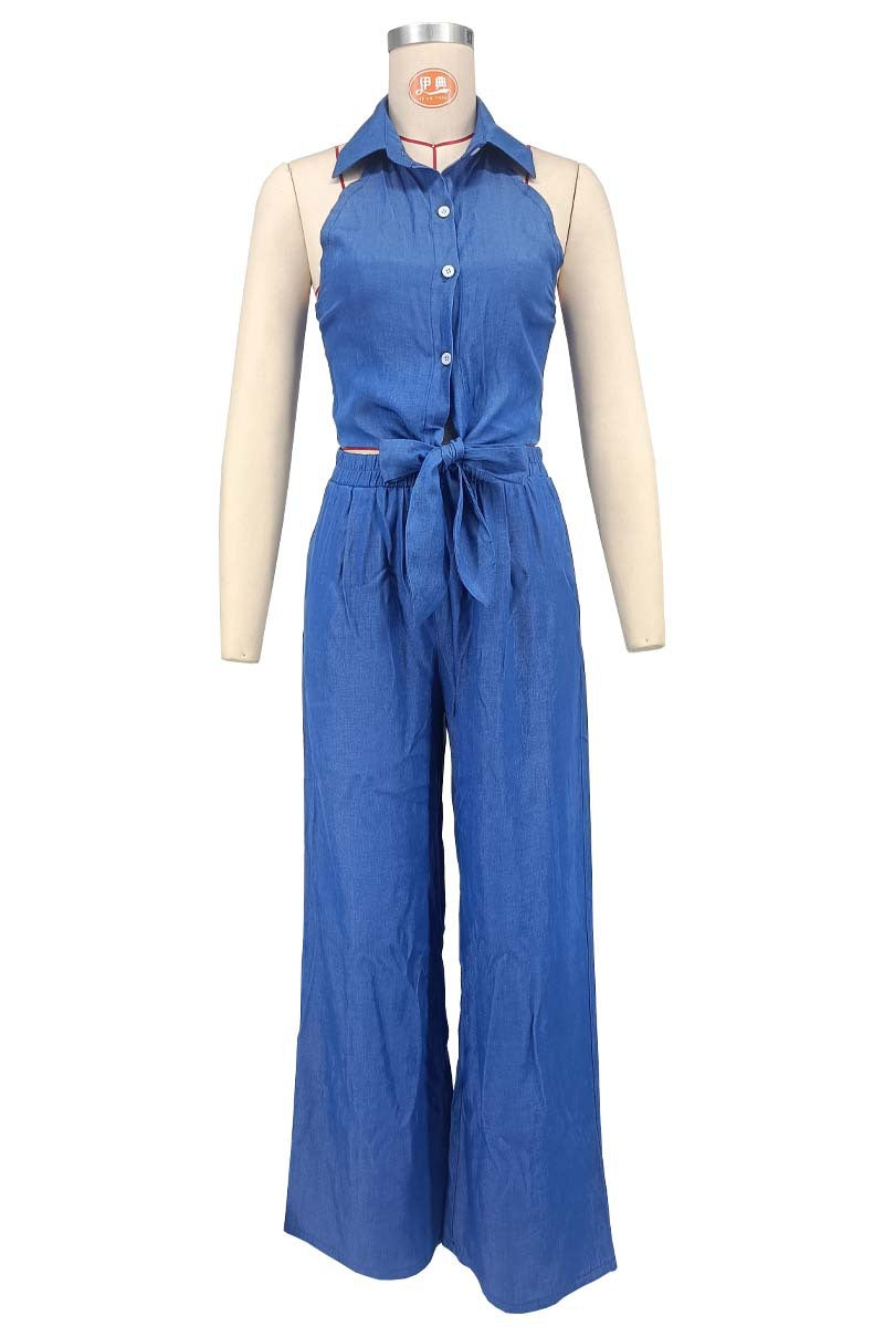 Women blue denim halter neck turndown collar backless top and wide leg pants two piece set 3