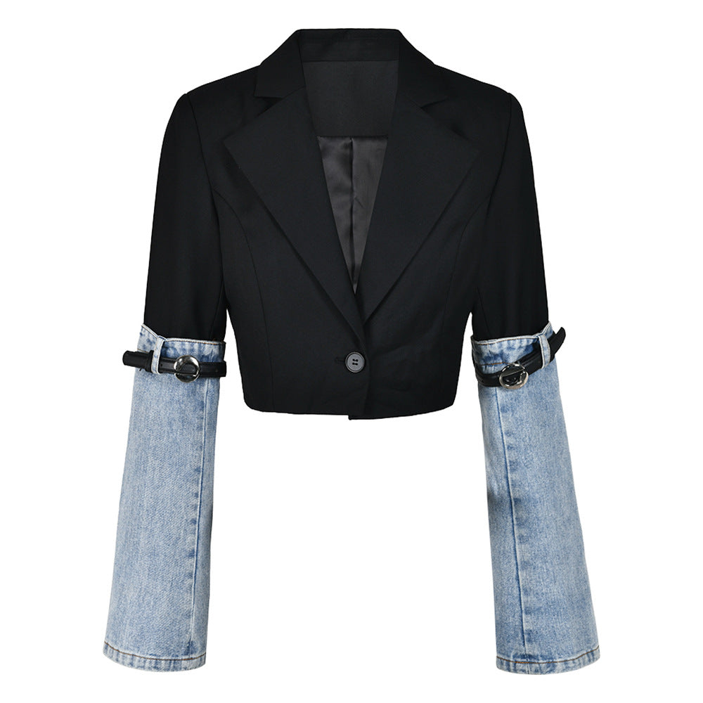 Women's Autumn Style Contrast Color Belt Patchwork Denim Jacket 8